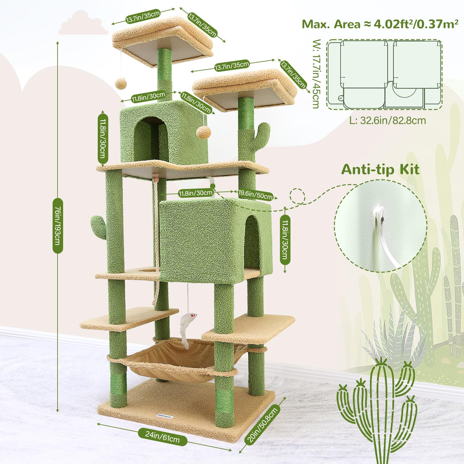 Globlazer F76 Cactus Cat Tree Tower 76-Inch Extra Tall Multi-Level Cat Furniture With Cozy Condos,Interactive Toys And Perches F